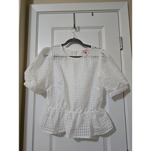 Mele & Pere Tops - Mele & Pere White Windowpane Peplum Top, Size L